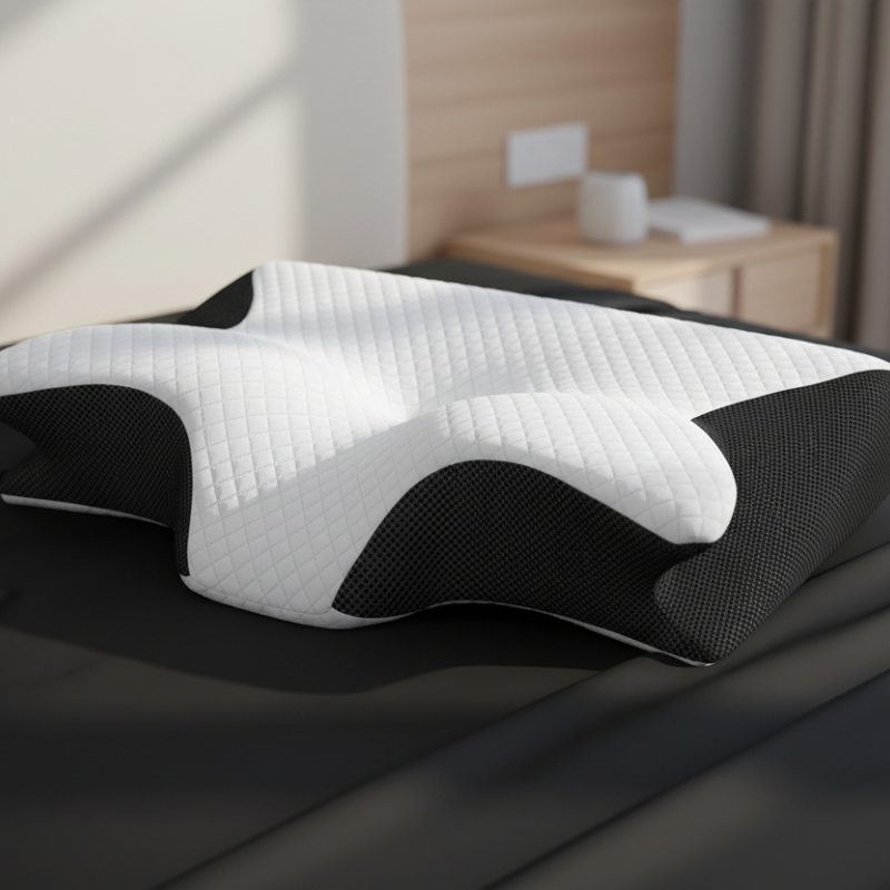 Ergonomic white and black cervical pillow with contoured design for neck support and better sleep