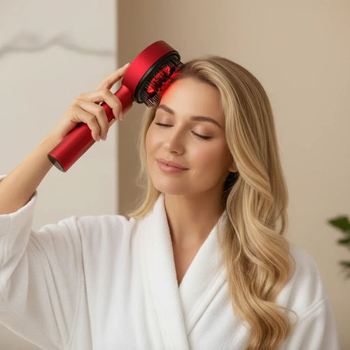 Woman using red light scalp massager with red light therapy for relaxation and better sleep