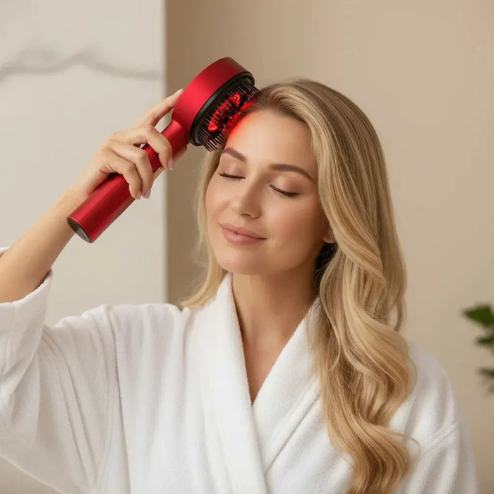 Woman using red light scalp massager with red light therapy for relaxation and better sleep