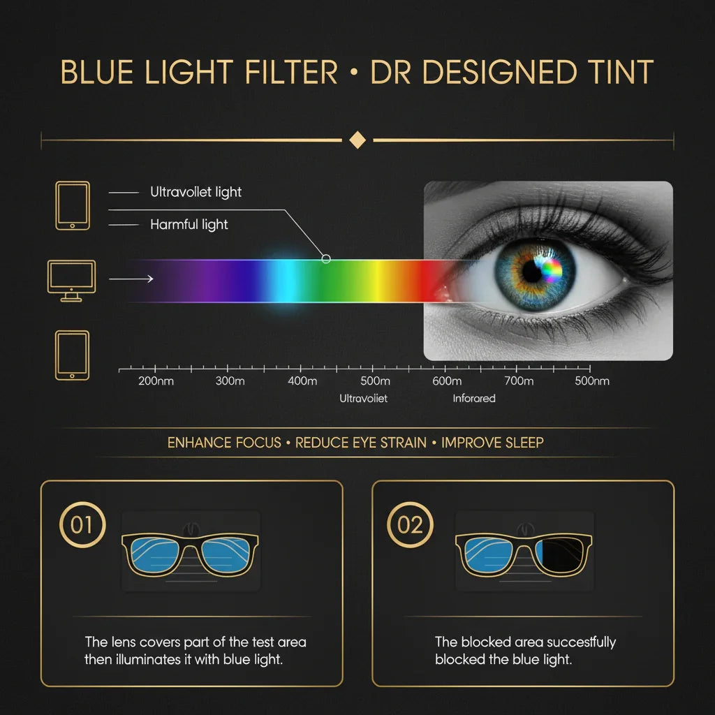 Blue light filter glasses blocking harmful light for better sleep and reduced eye strain
