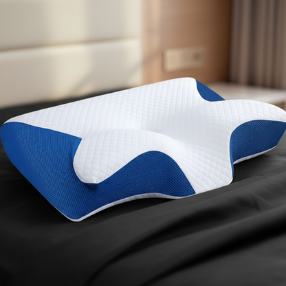 Ergonomic blue cervical pillow with contoured design for neck support and better sleep