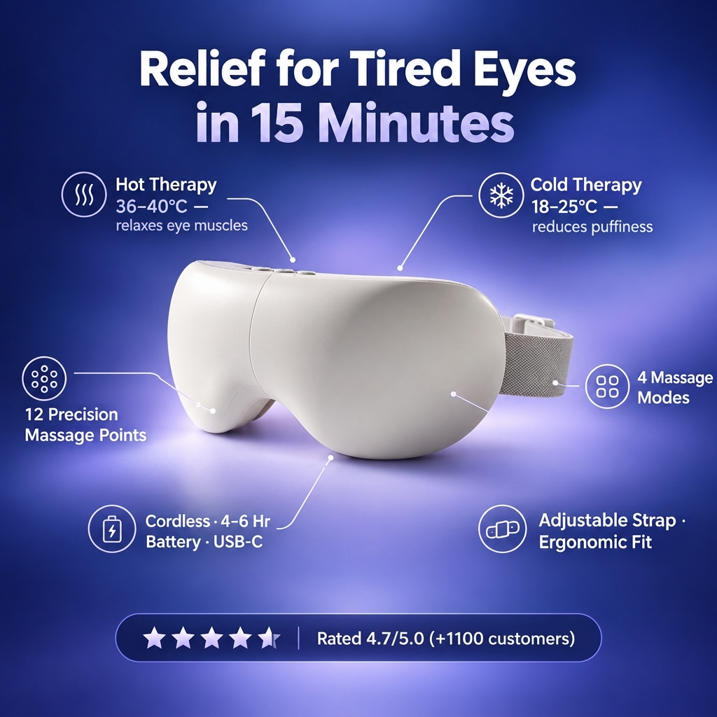 DreamGaze Hot & Cold Eye Massager features: hot 36–40°C, cold 18–25°C, 12 massage points, 4 modes, cordless 4–6 hr battery, adjustable strap
