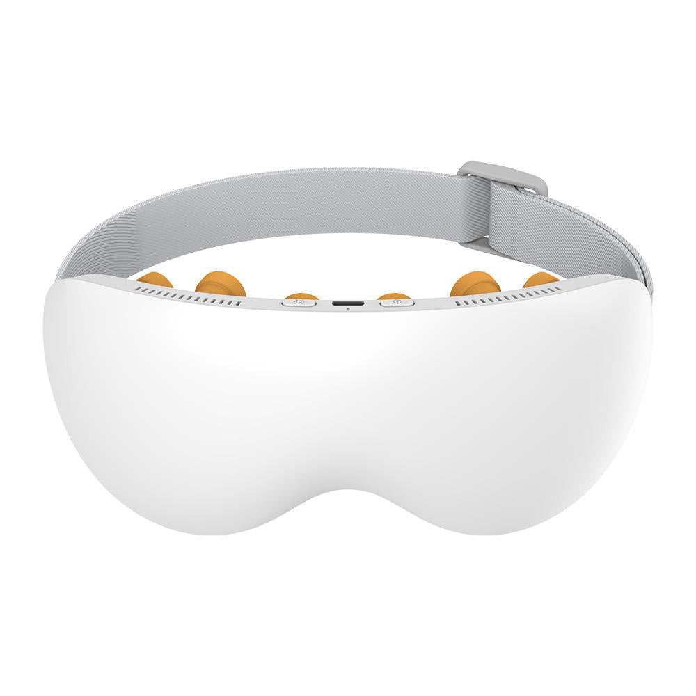 White electric eye massager with adjustable strap and acupressure nodes for relaxation