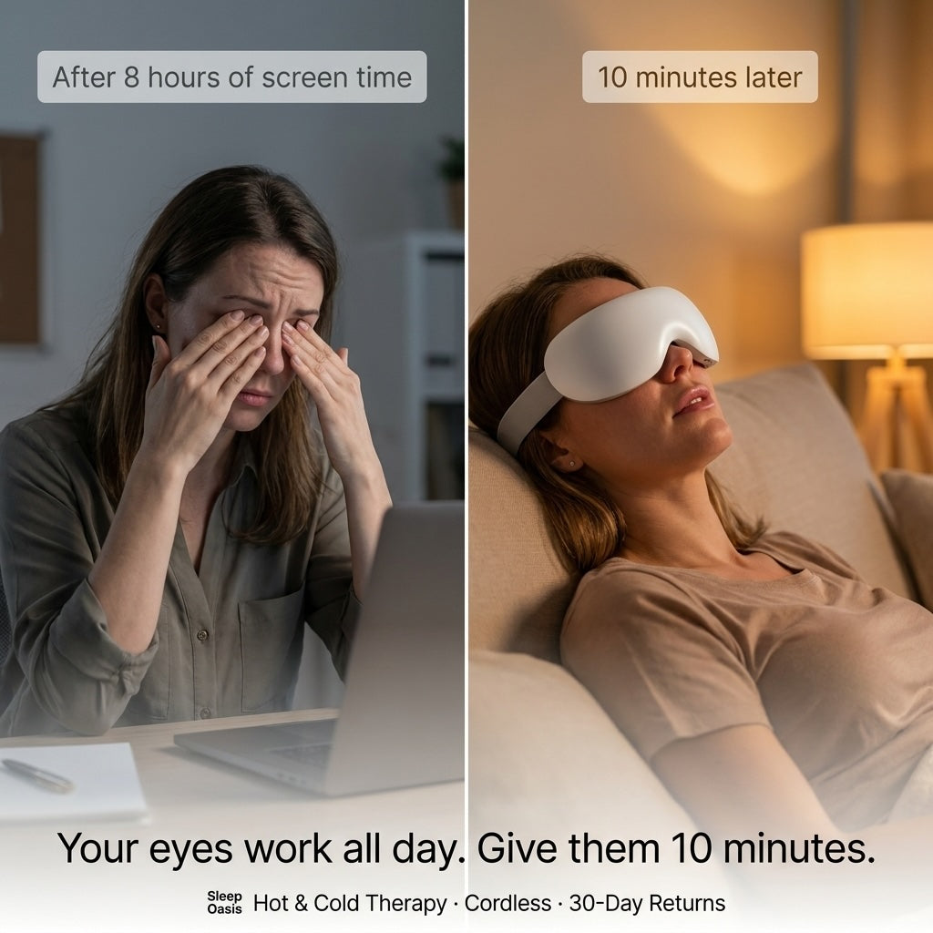 Woman experiencing eye strain after 8 hours of screen time, then using DreamGaze Eye Massager 10 minutes later to experience ultimate relief 