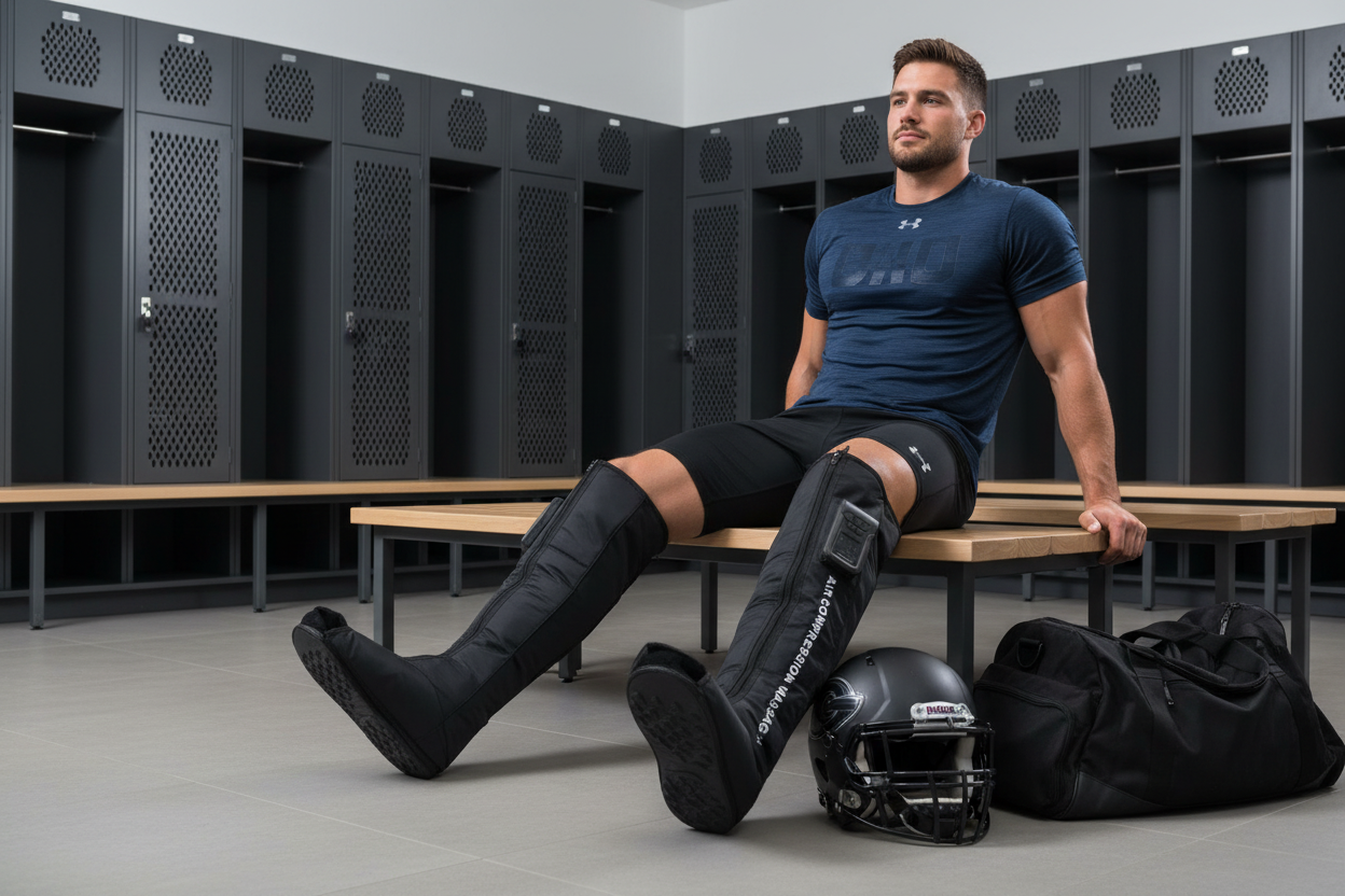 Football player in locker room with compression boots