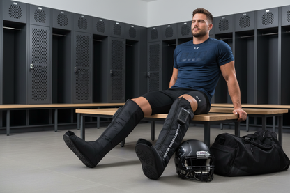 Football player in locker room with compression boots