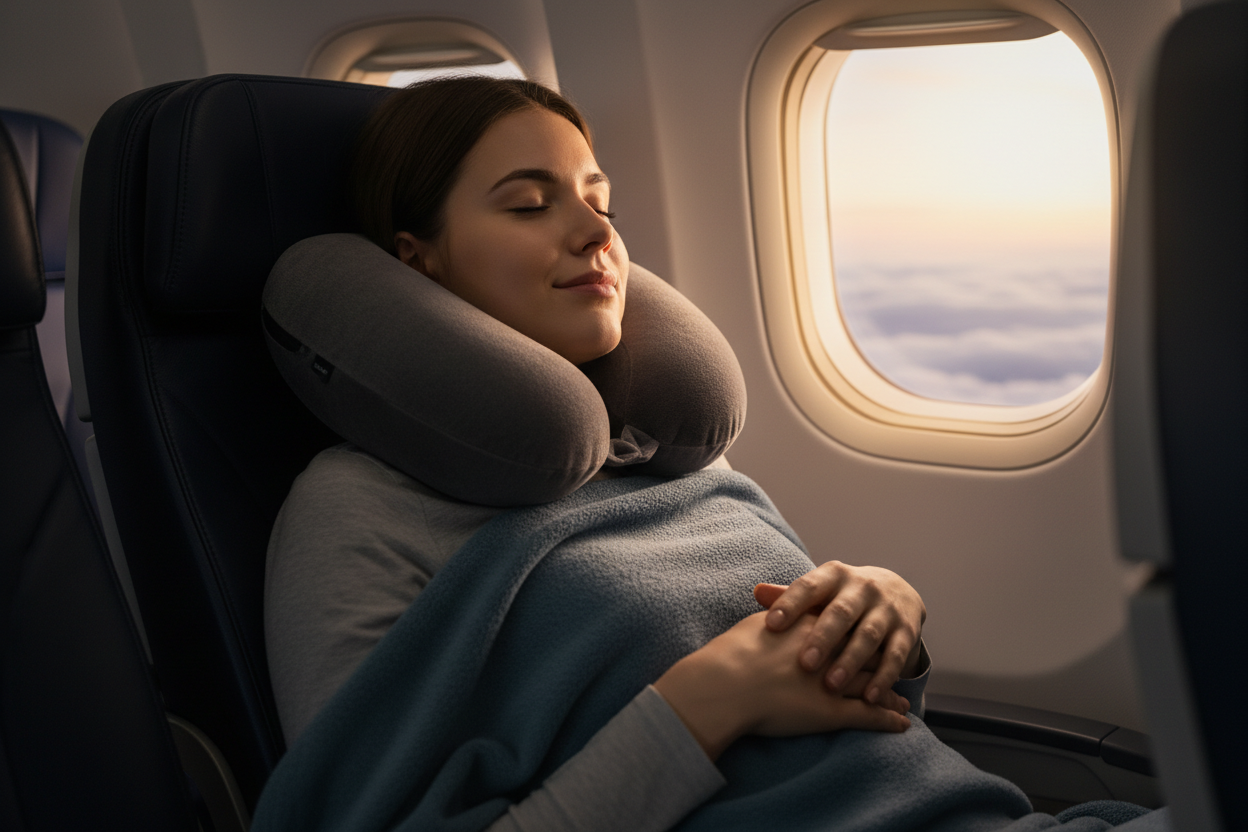 generate an image according to this review about product "I usually wake up with a sore neck whenever I travel, but this pillow made a huge difference. The support keeps my neck in a natural position, "