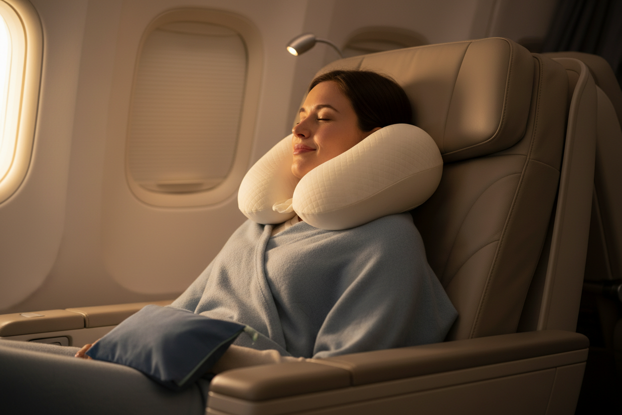 generate image according to this review "I didn’t expect much from a travel pillow, but this one exceeded my expectations. It’s soft, supportive, and the massage function adds a level of comfort "