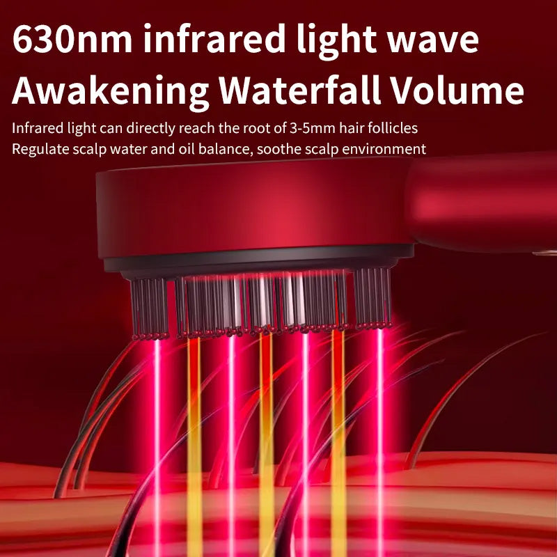 Red infrared light therapy hair growth comb emitting 630nm light waves onto scalp
