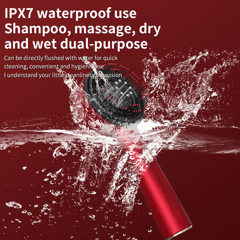 Red waterproof electric scalp massager brush splashing in water on red background
