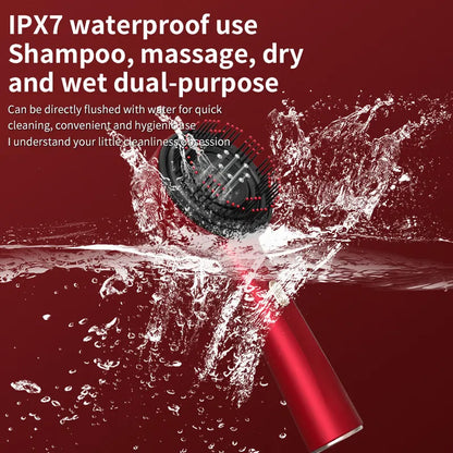 Red waterproof electric scalp massager brush splashing in water on red background