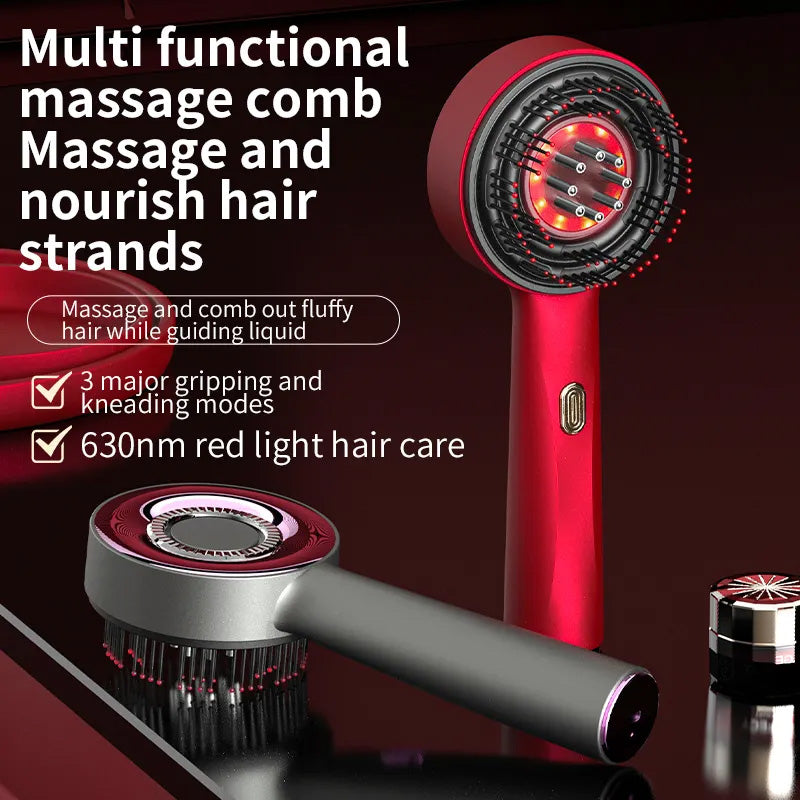 Red and black hair massage comb with LED red light for hair care and scalp massage