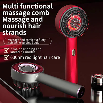 Red and black hair massage comb with LED red light for hair care and scalp massage