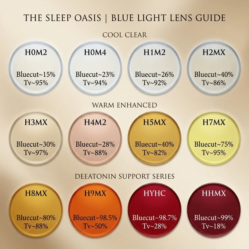 Blue light lens guide showing various filter levels for sleep support