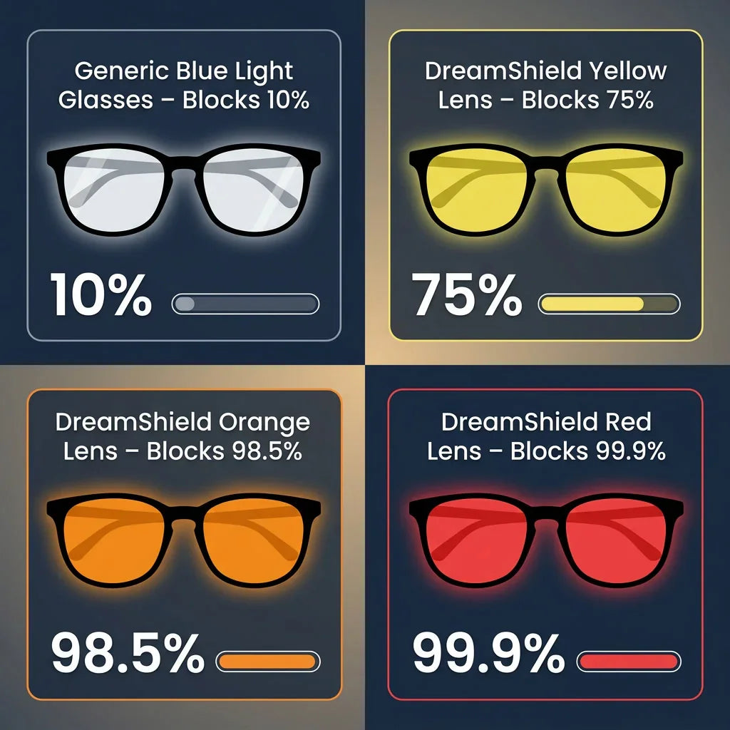 Blue light blocking glasses comparison: yellow, orange, red lenses vs generic, showing 75%-99.9% block rates