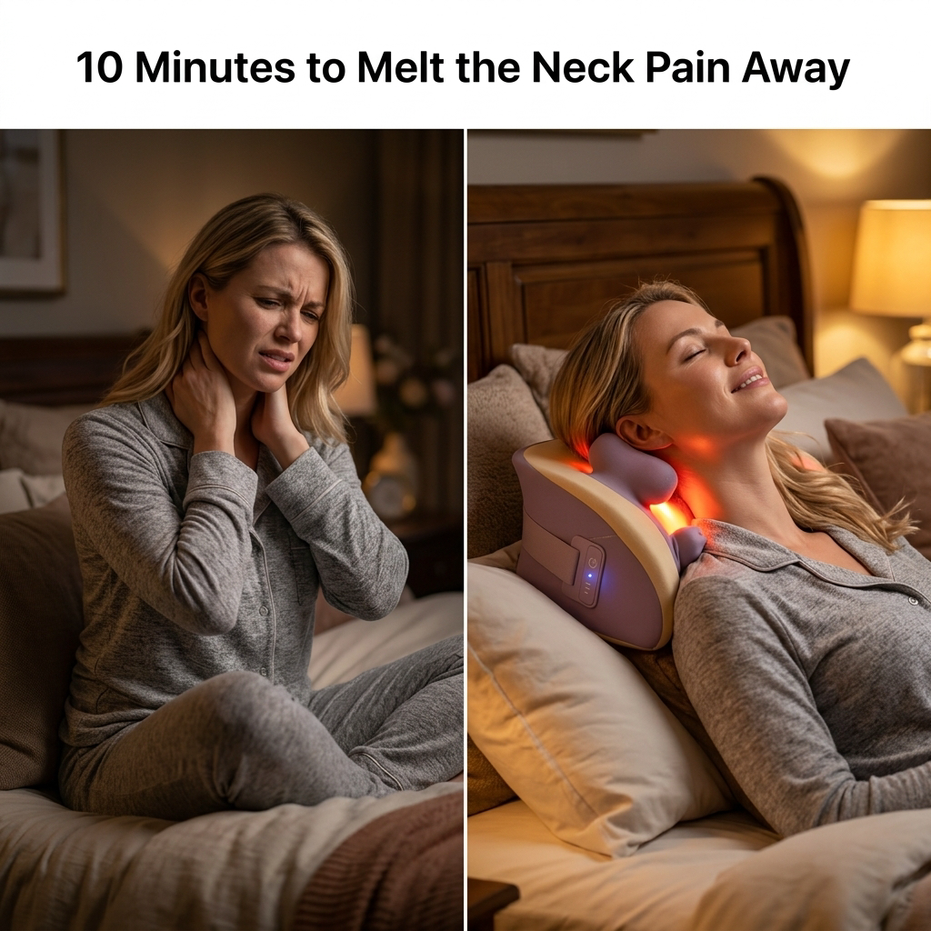 Woman experiencing neck pain before and using DreamRelief neck massager to relieve it.