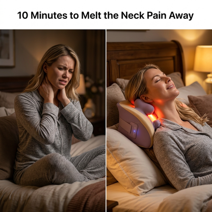 Woman experiencing neck pain before and using DreamRelief neck massager to relieve it.