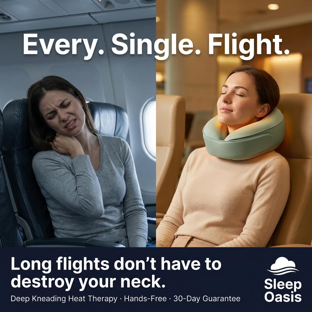 Promotional split-screen ad for DreamElite Neck Massager. Left side shows a woman in an airplane seat in pain, whereas on the right the woman is getting much needed relief with DreamElite Travel Pillow Neck Massager.