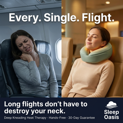 Promotional split-screen ad for DreamElite Neck Massager. Left side shows a woman in an airplane seat in pain, whereas on the right the woman is getting much needed relief with DreamElite Travel Pillow Neck Massager.