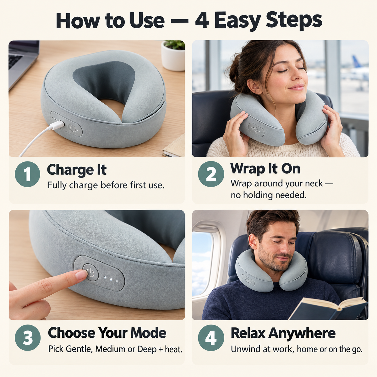 How to use the DreamElite neck massage pillow in 4 steps: charge, wrap around neck, choose mode, relax anywhere