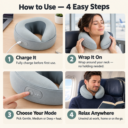 How to use the DreamElite neck massage pillow in 4 steps: charge, wrap around neck, choose mode, relax anywhere