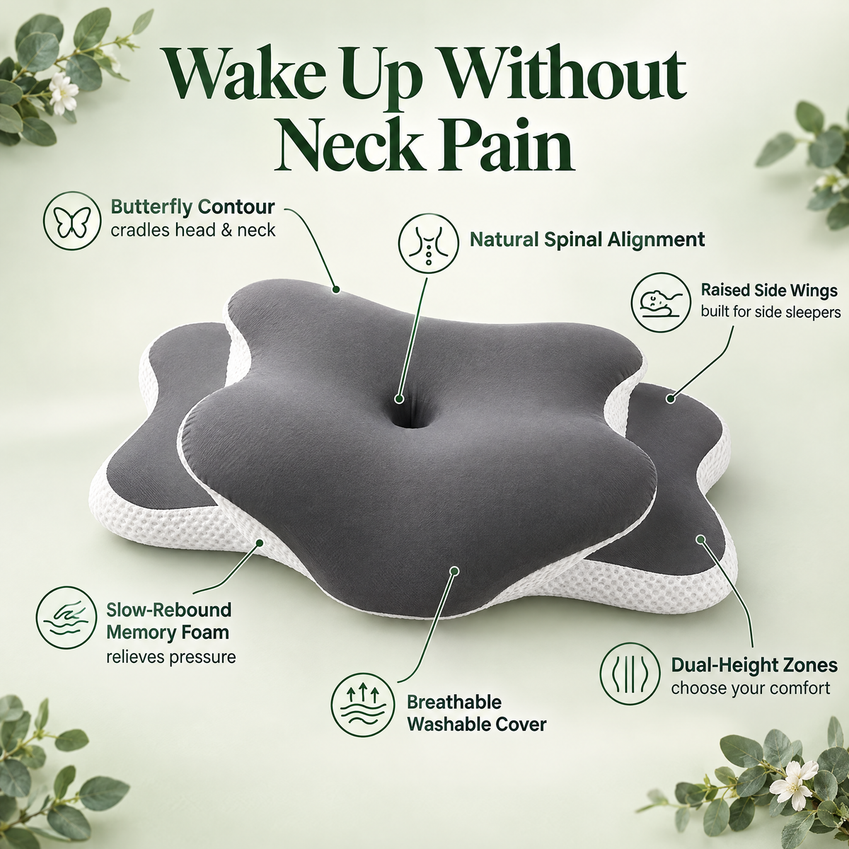 DreamButterfly cervical pillow benefits: butterfly contour, raised side wings for side sleepers, dual-height zones, slow-rebound memory foam, breathable washable cover, natural spinal alignment