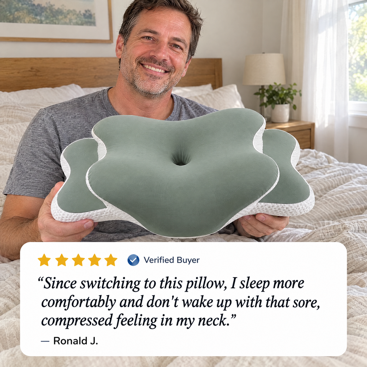Customer review of the DreamButterfly cervical pillow: sleeps more comfortably without a sore neck