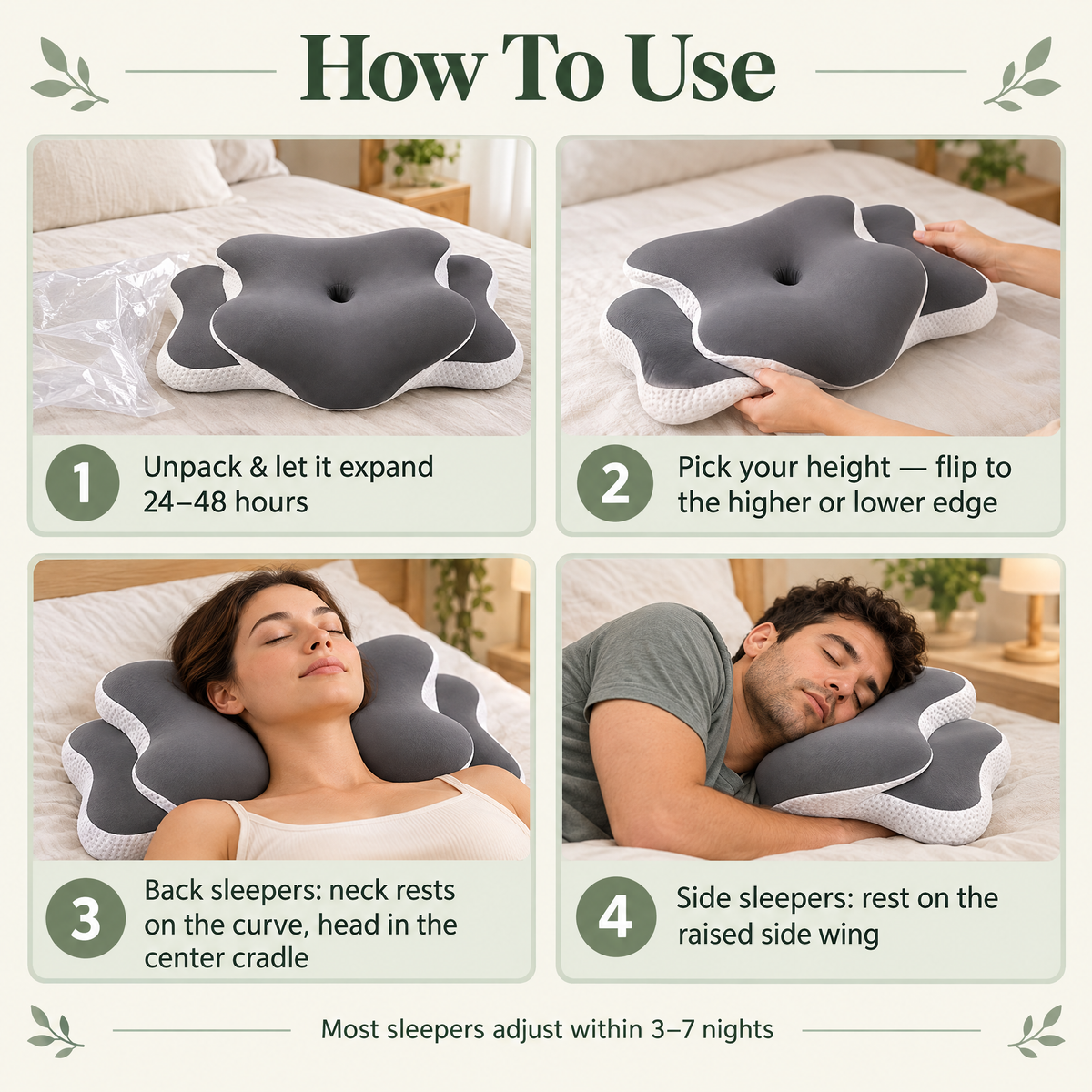 How to use the DreamButterfly cervical pillow: let it expand 24-48 hours, pick your height, back sleeper and side sleeper positions