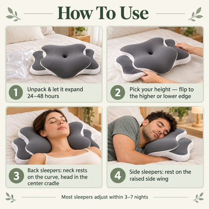 How to use the DreamButterfly cervical pillow: let it expand 24-48 hours, pick your height, back sleeper and side sleeper positions