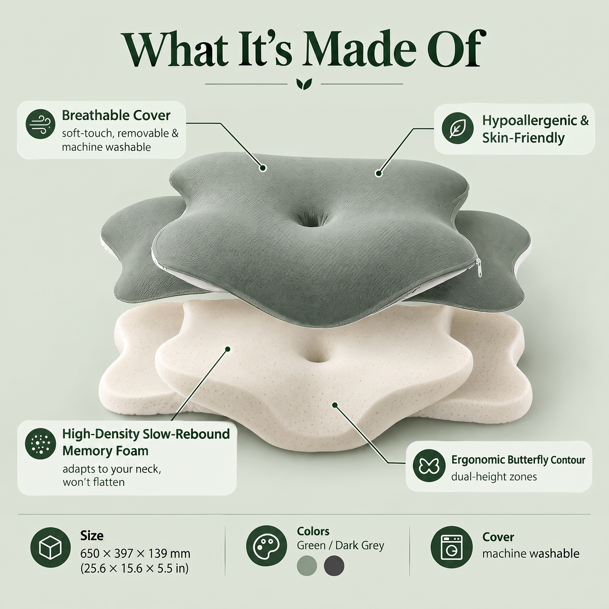 What the DreamButterfly cervical pillow is made of: breathable washable cover and high-density slow-rebound memory foam, 650 x 397 x 139 mm