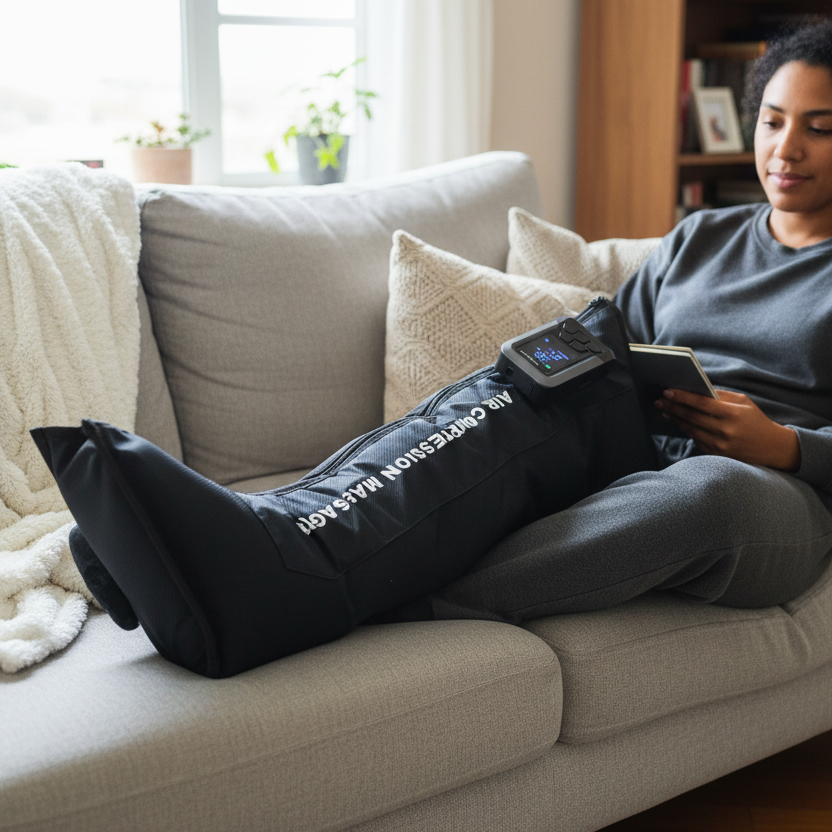 A woman wearing Dream Restore Pro Leg Massager on a sofa for recovery
