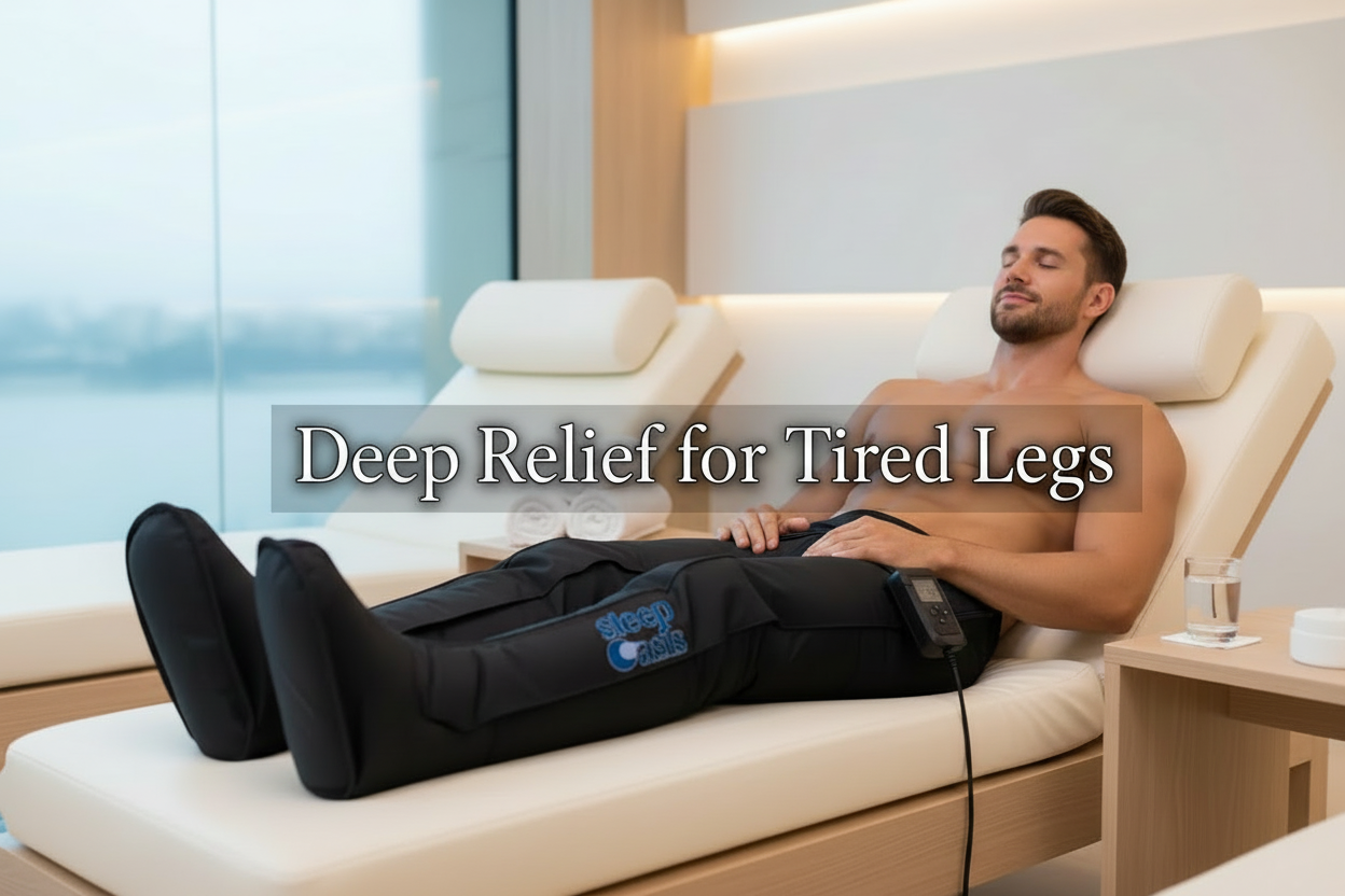 Leg massager banner with benefit text overlay