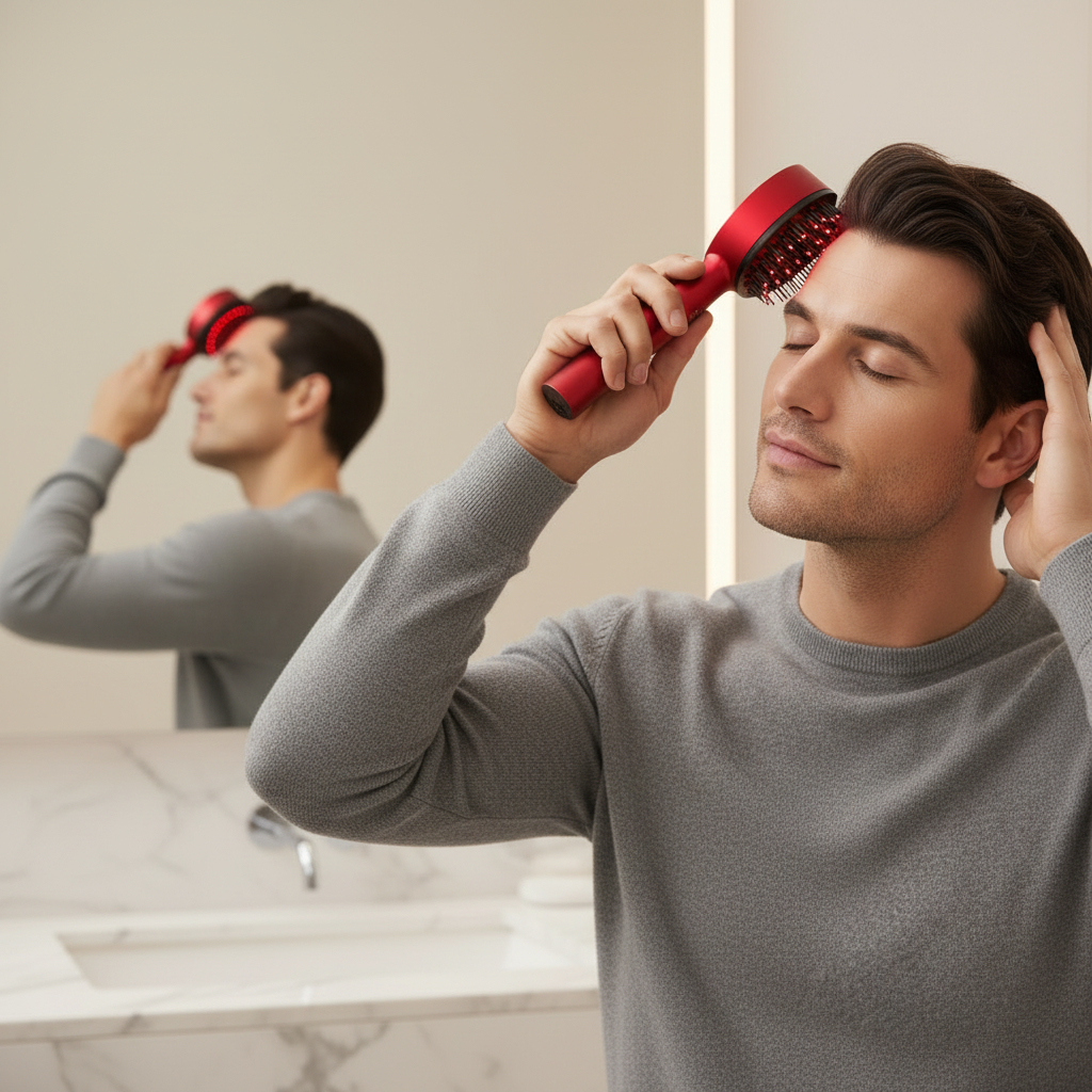 Man using red scalp massager - square