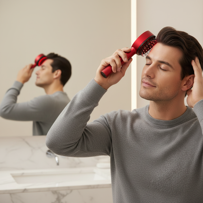 Man using red scalp massager - square