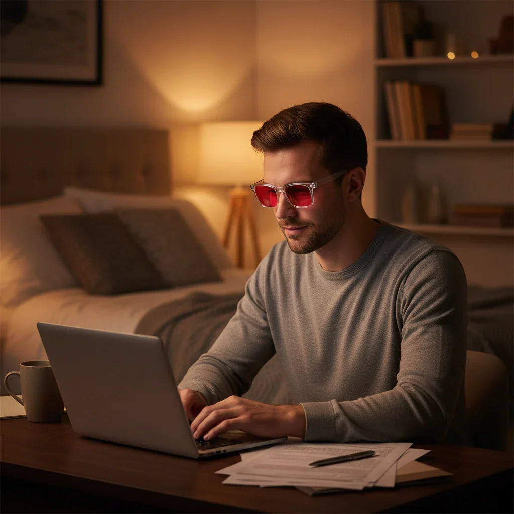 Man wearing red lens blue light glasses working on laptop before bed