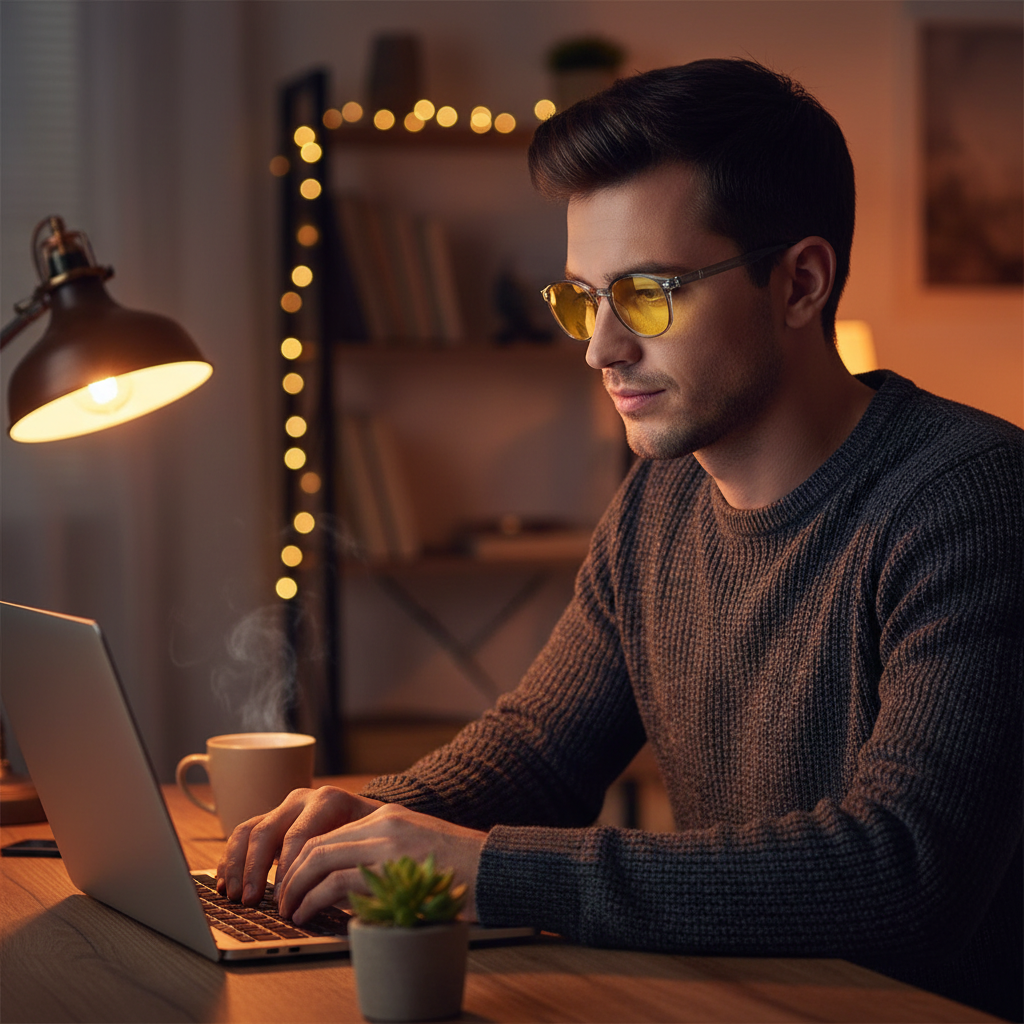 Man wearing yellow lens blue light glasses working on laptop before bed