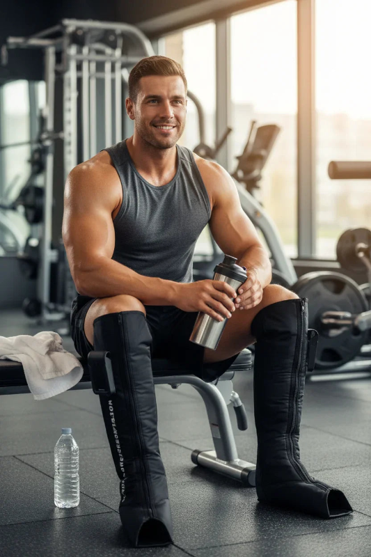 Muscular gym athlete using compression boots after workout