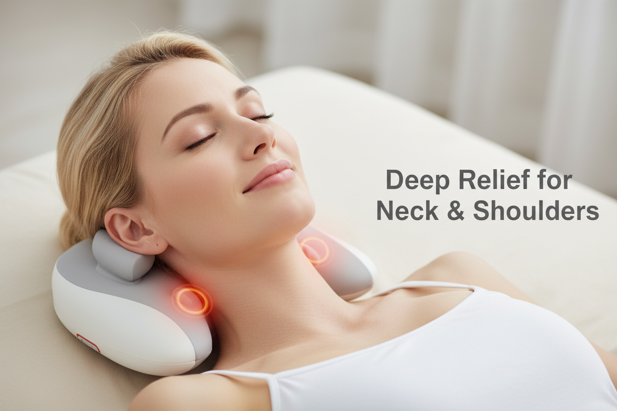 Neck massager banner with visible massage nodes and text
