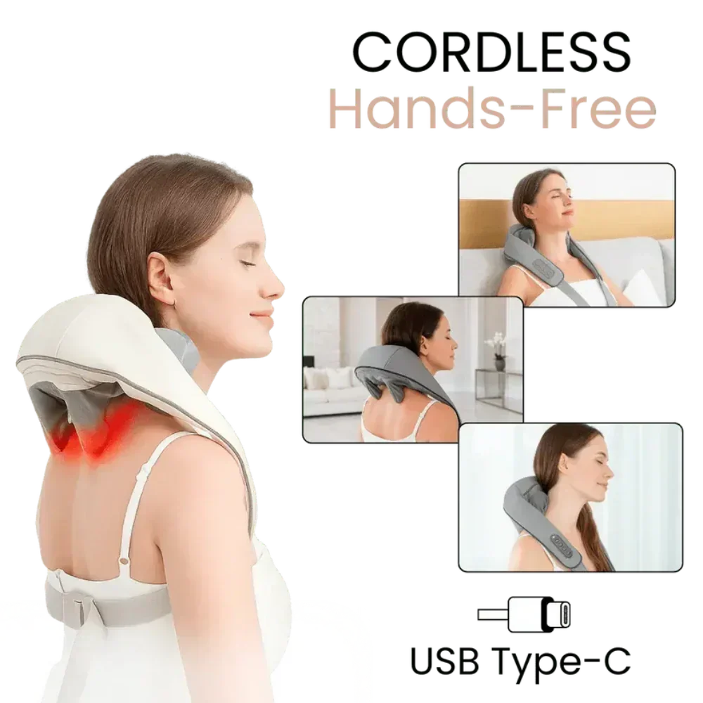 Woman using cordless hands-free DreamPulse neck and shoulder massager with USB Type-C, shown in different relaxing positions