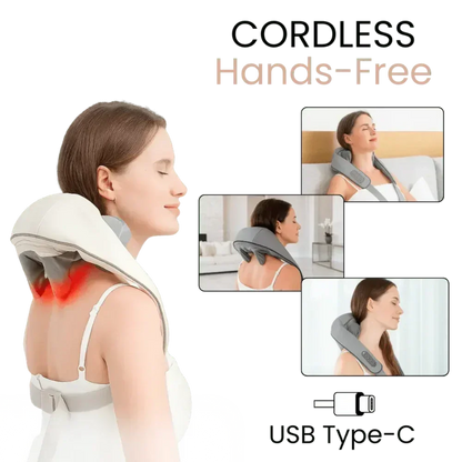 Woman using cordless hands-free DreamPulse neck and shoulder massager with USB Type-C, shown in different relaxing positions