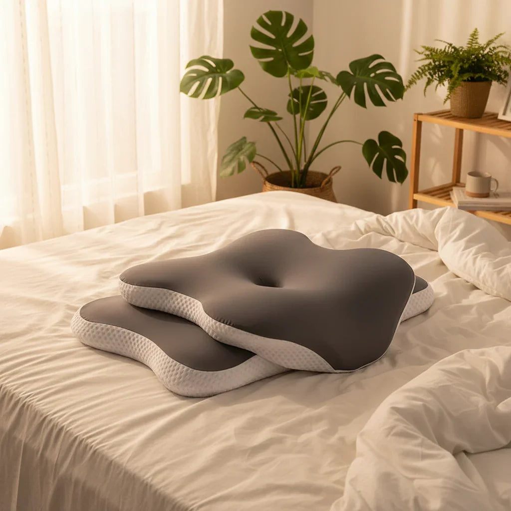 Gray ergonomic pillow on a bed with plants in the background