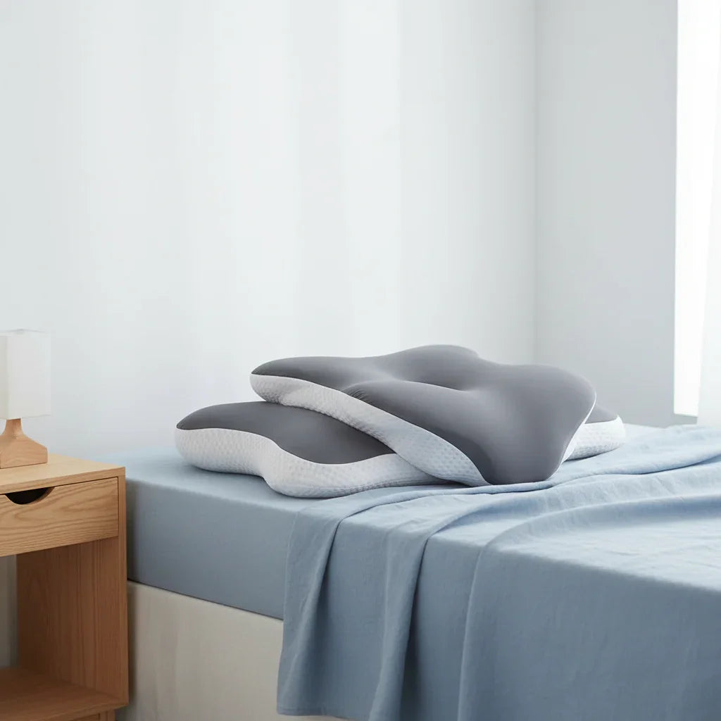 Ergonomic cervical pillow on minimalist blue bed in bright modern bedroom