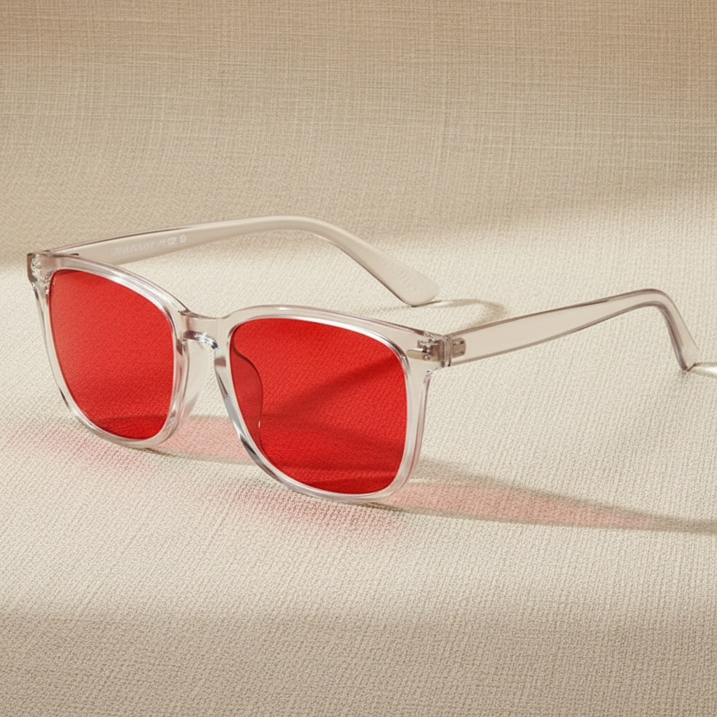 Red Lens Glasses – Beige Background