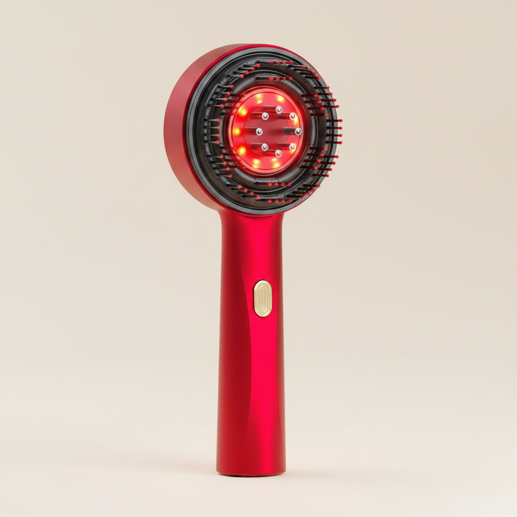 Red Scalp Massager — Warm Off-White Background