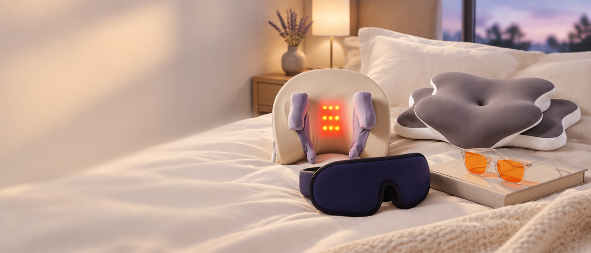 Sleep Oasis sleep and recovery essentials — sleep mask, blue light glasses, neck massager and cervical pillow in a calm evening bedroom
