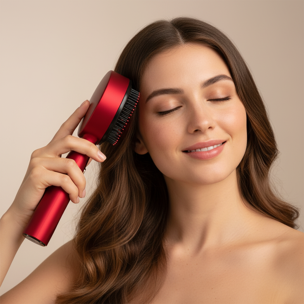 Woman using red scalp massager - 1:1