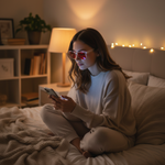 Woman wearing red lens blue light glasses using phone before bed