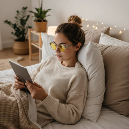 Woman wearing yellow lens blue light glasses using tablet in bed