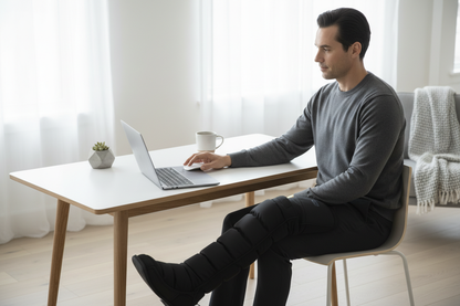Working at desk while using single leg massager