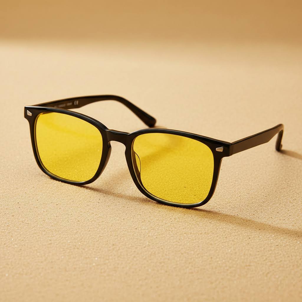 DreamShield blue light glasses with yellow lenses and black frames on a beige background